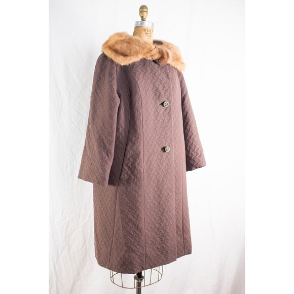 Vintage 60s Brown Wool Overcoat, Textured Coat Mink Fur Collar Glam Old Money, M - Picture 1 of 11